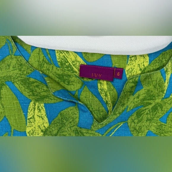 Ivy 100% Linen Sleeveless Leaves 🍃 Pattern Shift Dress Womens Size 6 - Picture 3 of 8